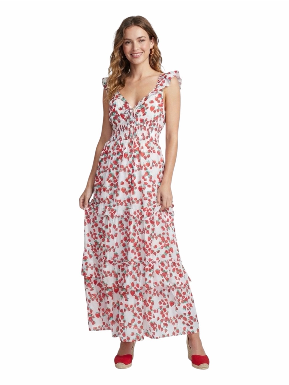 Betsey Johnson Strawberry Print Smocked Cotton Maxi Dress White Red Size XL